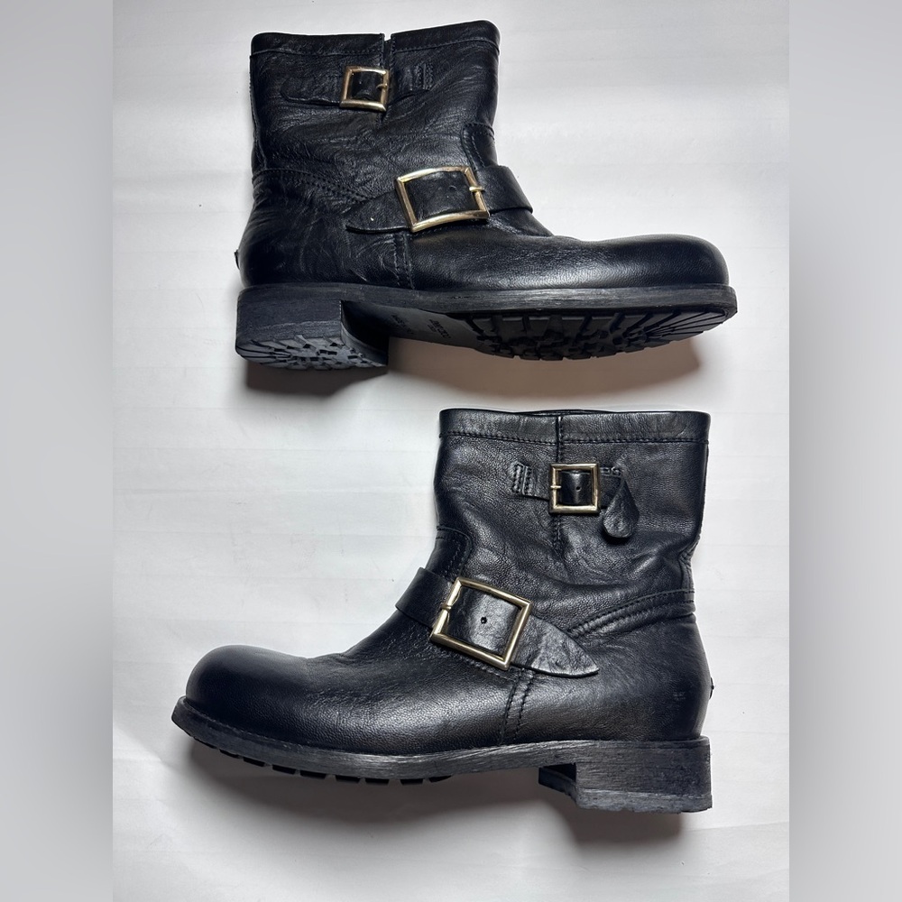 Jimmy Choo Black Leather Biker Boot With Gold Buckle